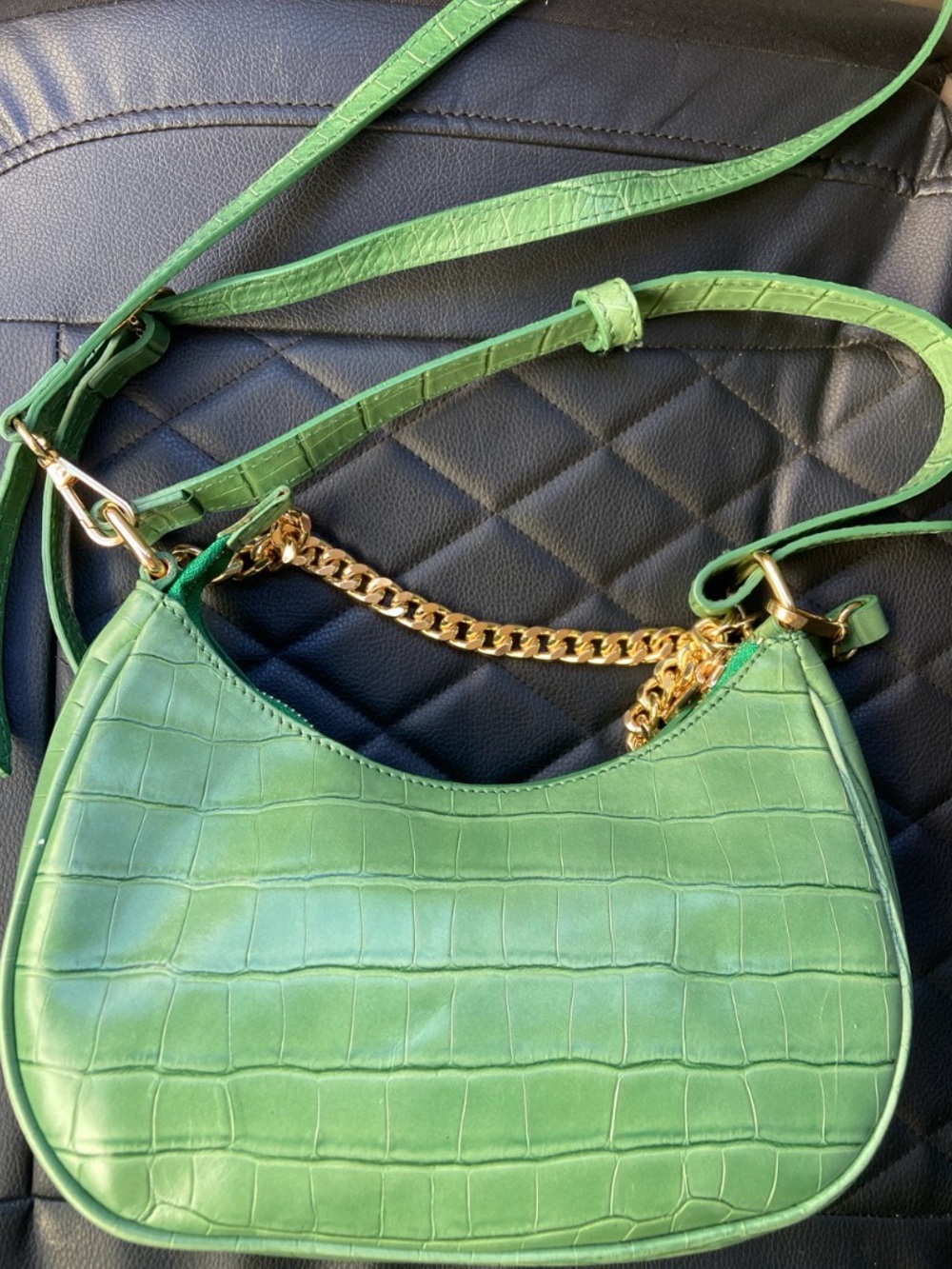 Anna Pacla Genuine LEATHER Green Croc-Embossed Shoulder Bag with Gold Chain